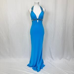 Cassandra Stone Sky Blue Halter Beaded Gown – Floor-Length Formal Dress, Size 8